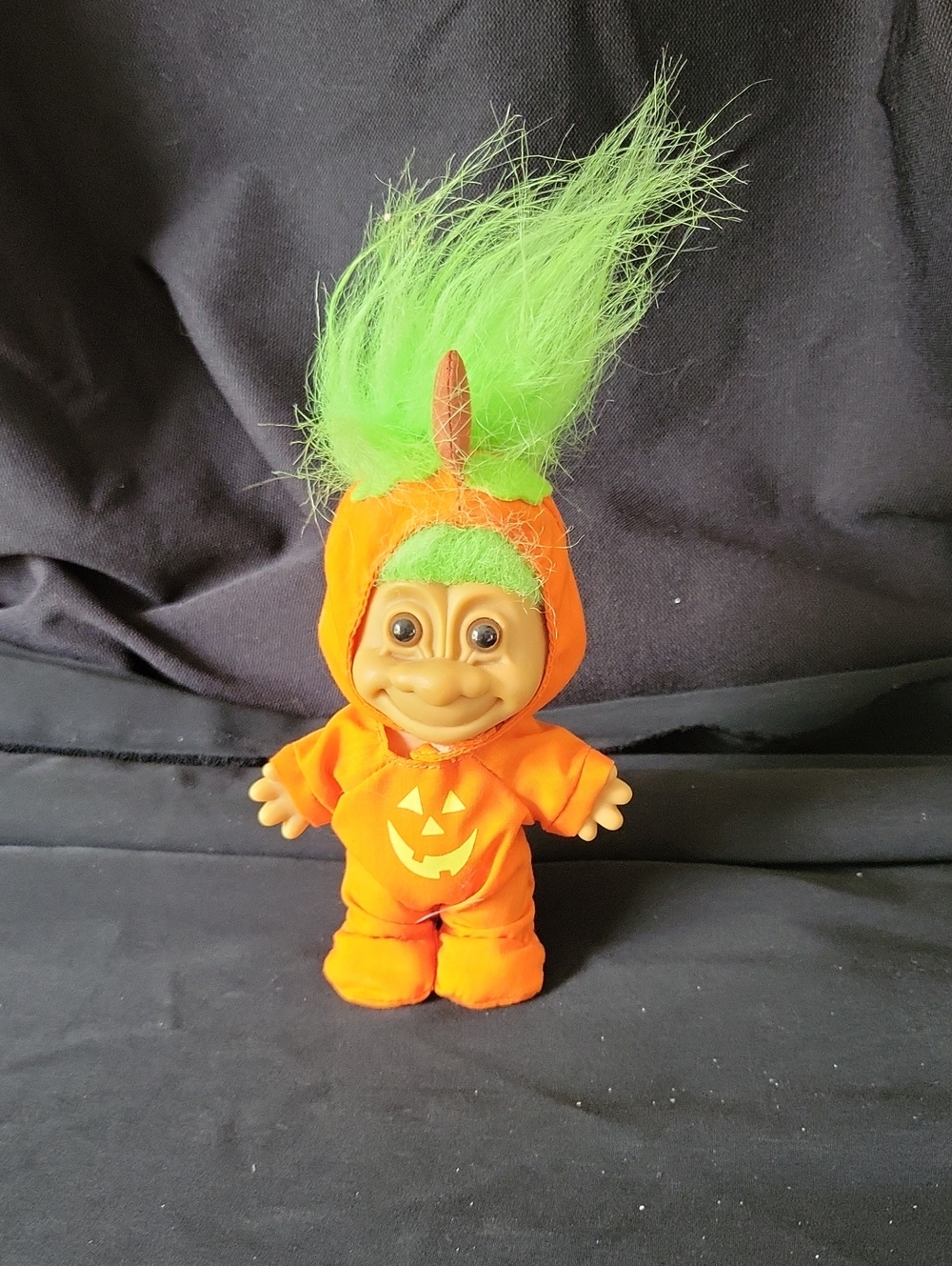 Vintage Russ Pumpkin Troll Doll with Neon Green Hair 5 inch